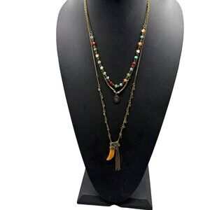 Layered Multi-Strand Necklace Beaded Accents Pendant Adjustable 20-23" Antique B
